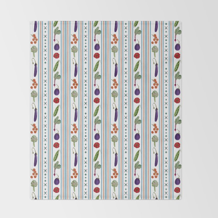 Farmers Market Vegetable Stripe Pattern  Mediterranean Garden Art with Eggplant Tomato and Artichoke Throw Blanket Gallery Image 2