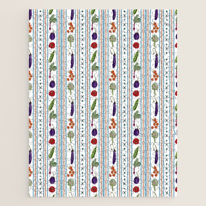 Farmers Market Vegetable Stripe Pattern  Mediterranean Garden Art with Eggplant Tomato and Artichoke Jigsaw Puzzle Gallery Image 1