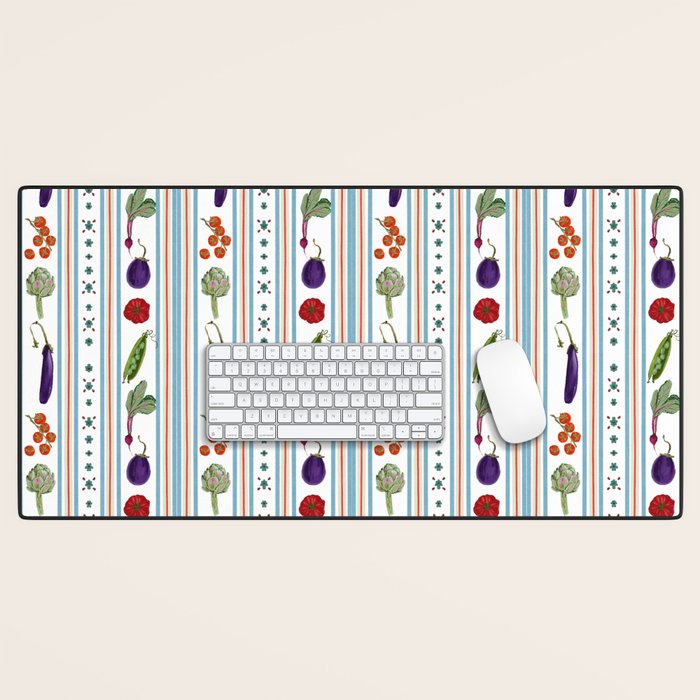 Farmers Market Vegetable Stripe Pattern  Mediterranean Garden Art with Eggplant Tomato and Artichoke Desk Mat Gallery Image 1