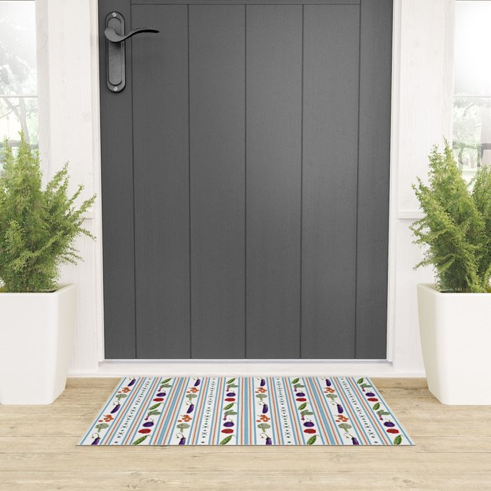 Farmers Market Vegetable Stripe Pattern  Mediterranean Garden Art with Eggplant Tomato and Artichoke Welcome Mat Gallery Image 3
