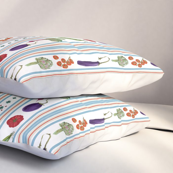 Farmers Market Vegetable Stripe Pattern  Mediterranean Garden Art with Eggplant Tomato and Artichoke Pillow Sham Gallery Image 3