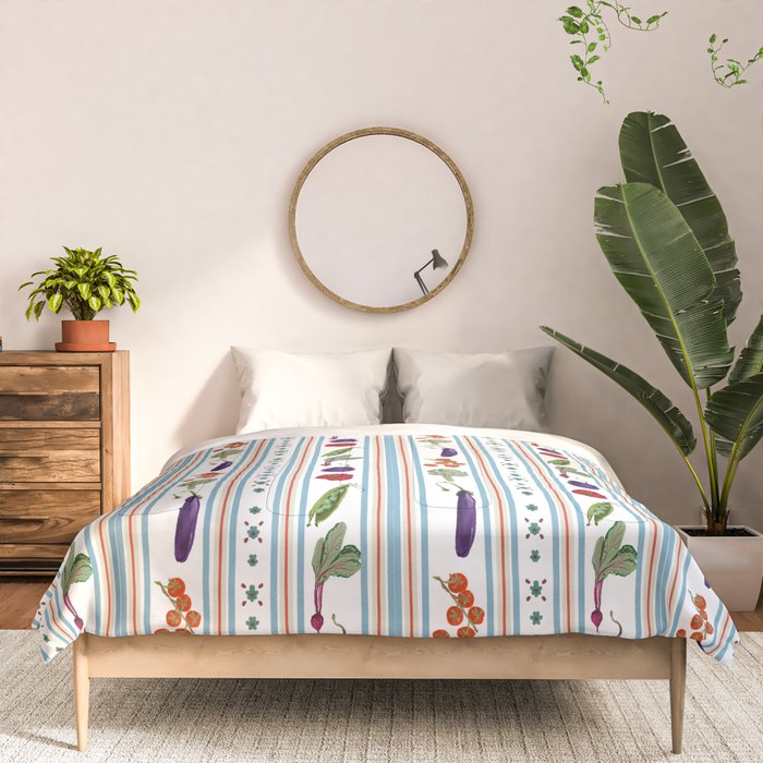 Farmers Market Vegetable Stripe Pattern  Mediterranean Garden Art with Eggplant Tomato and Artichoke Comforter Gallery Image 3