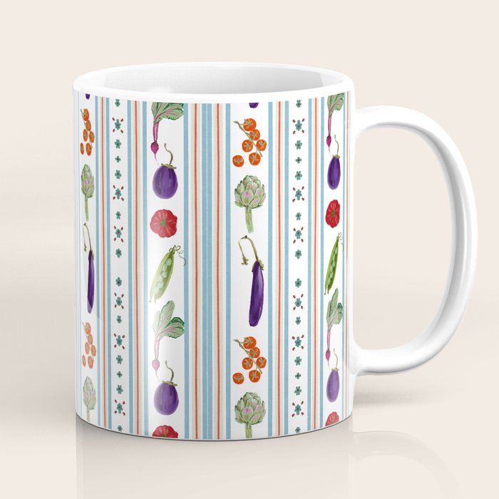 Farmers Market Vegetable Stripe Pattern  Mediterranean Garden Art with Eggplant Tomato and Artichoke Coffee Mug Gallery Image 1