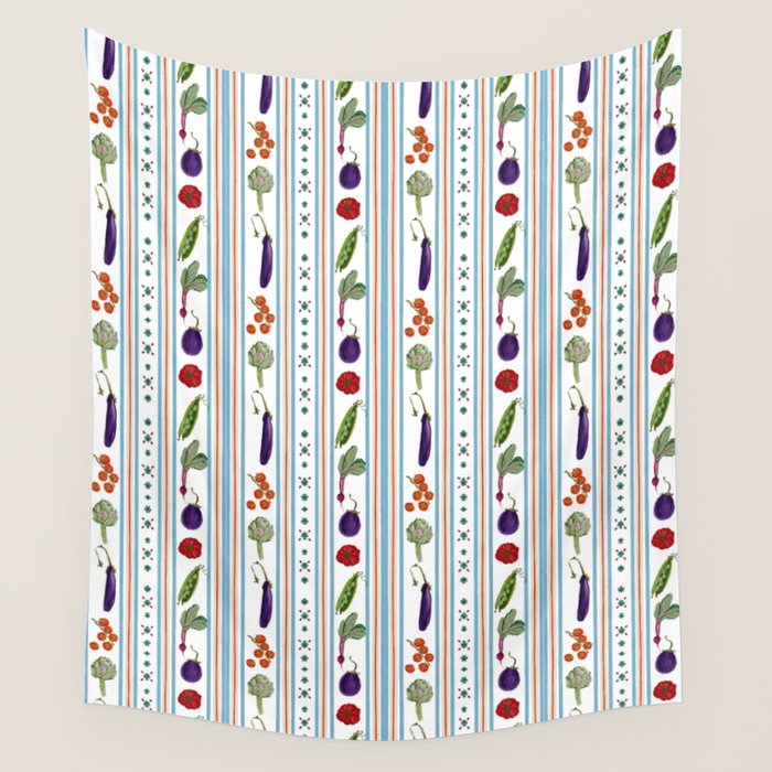 Farmers Market Vegetable Stripe Pattern  Mediterranean Garden Art with Eggplant Tomato and Artichoke Wall Tapestry Gallery Image 4