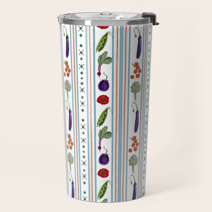 Farmers Market Vegetable Stripe Pattern  Mediterranean Garden Art with Eggplant Tomato and Artichoke Travel Mug Gallery Image 2
