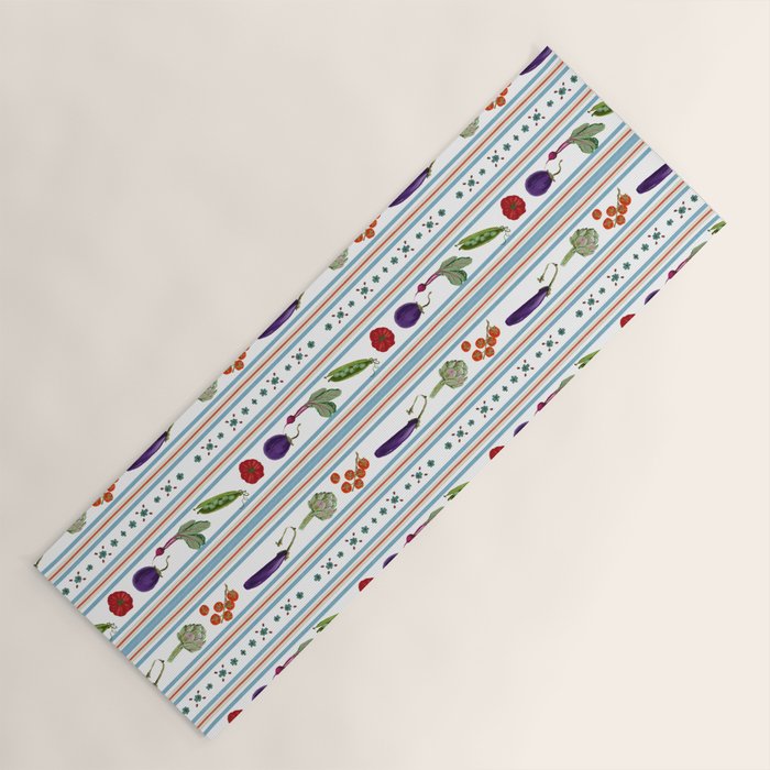 Farmers Market Vegetable Stripe Pattern  Mediterranean Garden Art with Eggplant Tomato and Artichoke Yoga Mat Gallery Image 1