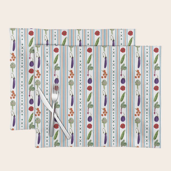 Farmers Market Vegetable Stripe Pattern  Mediterranean Garden Art with Eggplant Tomato and Artichoke Placemat Gallery Image 1