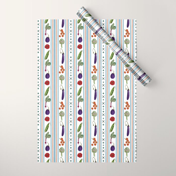 Farmers Market Vegetable Stripe Pattern  Mediterranean Garden Art with Eggplant Tomato and Artichoke Wrapping Paper Gallery Image 1