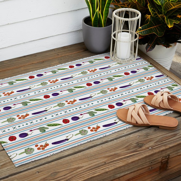 Farmers Market Vegetable Stripe Pattern  Mediterranean Garden Art with Eggplant Tomato and Artichoke Outdoor Rug Gallery Image 2