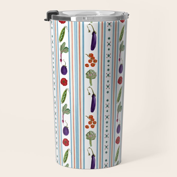 Farmers Market Vegetable Stripe Pattern  Mediterranean Garden Art with Eggplant Tomato and Artichoke Travel Mug Gallery Image 3