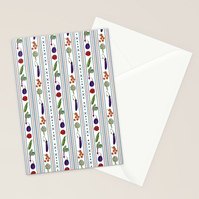 Farmers Market Vegetable Stripe Pattern  Mediterranean Garden Art with Eggplant Tomato and Artichoke Stationery Card Gallery Image 2
