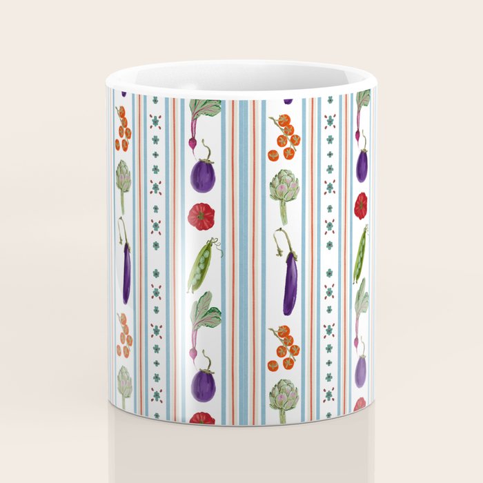 Farmers Market Vegetable Stripe Pattern  Mediterranean Garden Art with Eggplant Tomato and Artichoke Coffee Mug Gallery Image 4