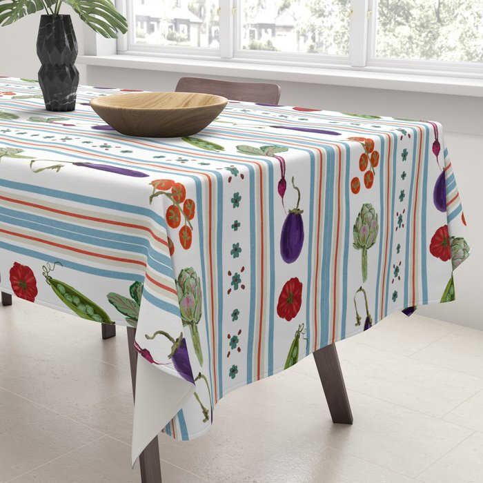 Farmers Market Vegetable Stripe Pattern  Mediterranean Garden Art with Eggplant Tomato and Artichoke Tablecloth Gallery Image 3