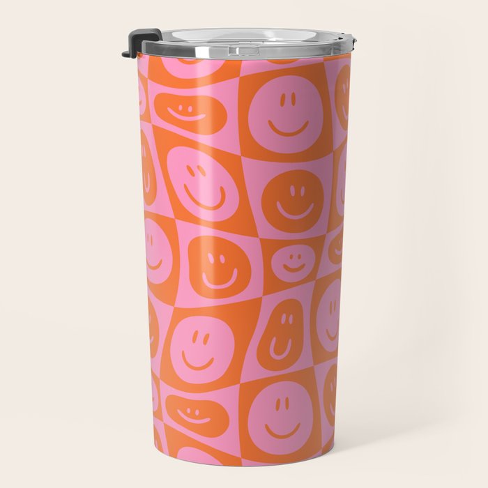 Retro happy face checkered pattern Travel Mug Gallery Image 3
