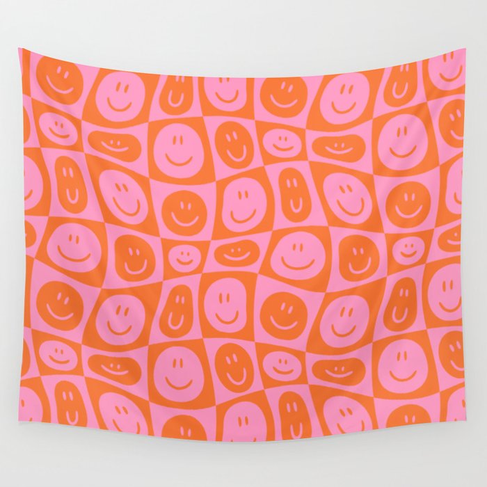 Retro happy face checkered pattern Wall Tapestry Gallery Image 4