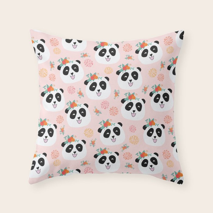 Panda bear with flowers seamless pattern Throw Pillow Gallery Image 1