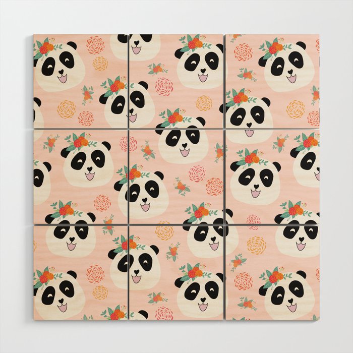 Panda bear with flowers seamless pattern Wood Wall Art Gallery Image 1