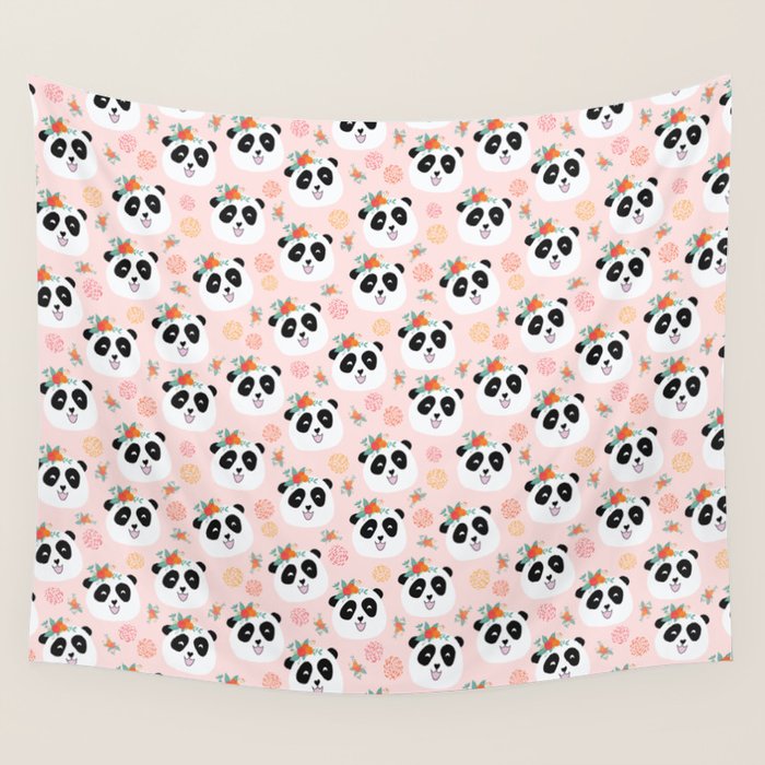 Panda bear with flowers seamless pattern Wall Tapestry Gallery Image 1