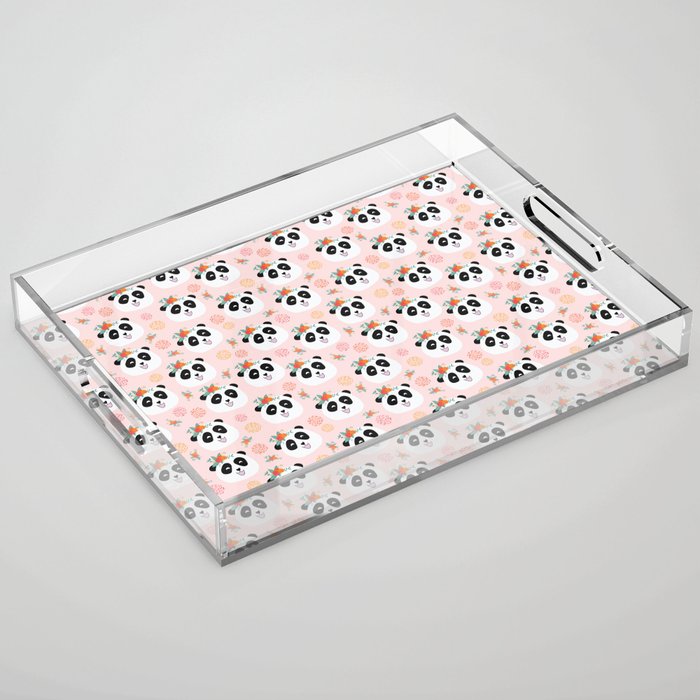 Panda bear with flowers seamless pattern Acrylic Tray Gallery Image 1