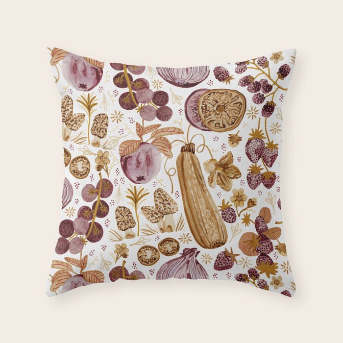 Garden Vegetables & Fresh Fruit in Ochre & Burgundy Throw Pillow Gallery Image 1