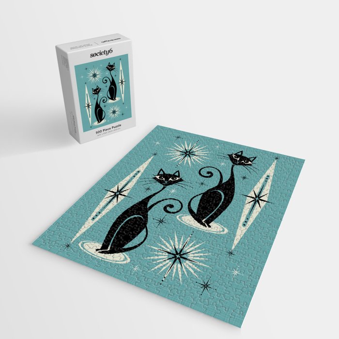 Mid Century Meow Retro Atomic Cats on Blue Jigsaw Puzzle Gallery Image 2