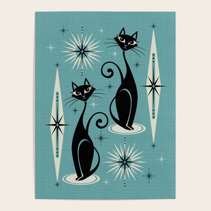 Mid Century Meow Retro Atomic Cats on Blue Poster Gallery Image 4