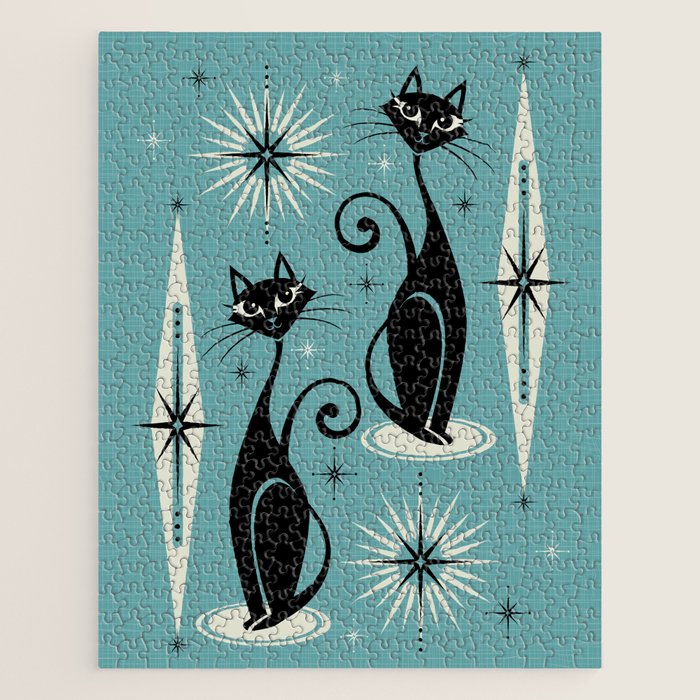 Mid Century Meow Retro Atomic Cats on Blue Jigsaw Puzzle Gallery Image 1
