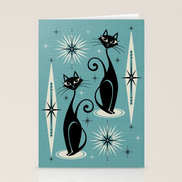 Mid Century Meow Retro Atomic Cats on Blue Stationery Card Gallery Image 2