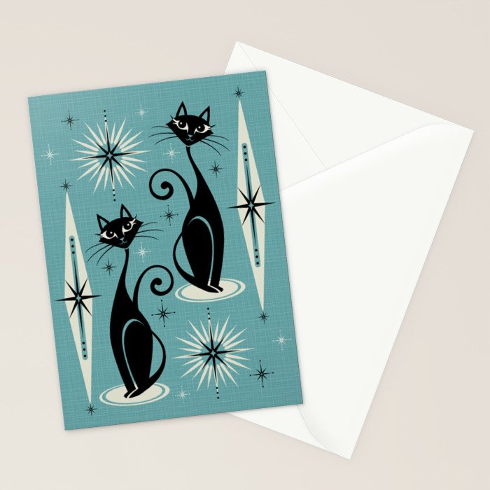 Mid Century Meow Retro Atomic Cats on Blue Stationery Card Gallery Image 2