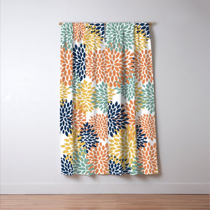 Floral Blooms, Orange, Yellow, Teal, Navy Window Curtain Gallery Image 3