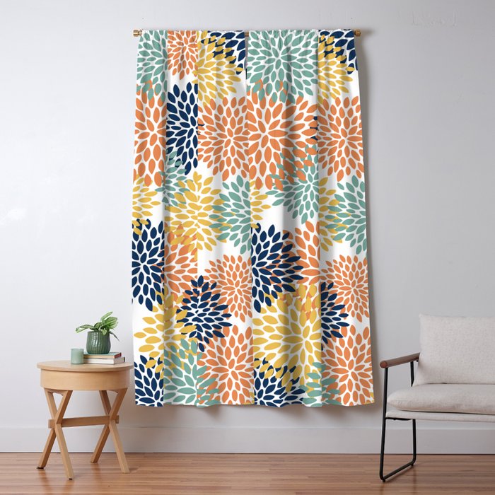 Floral Blooms, Orange, Yellow, Teal, Navy Window Curtain Gallery Image 5
