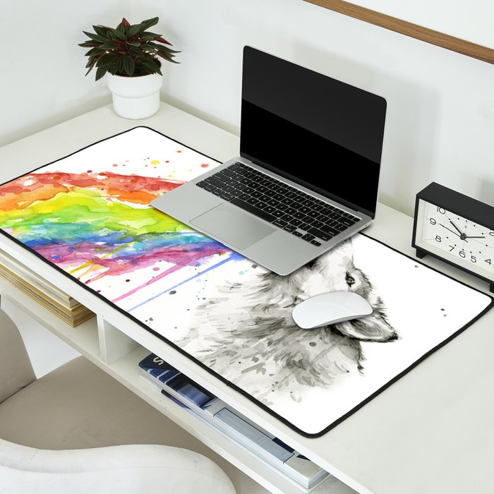 Wolf Howling Rainbow Watercolor Desk Mat Gallery Image 2
