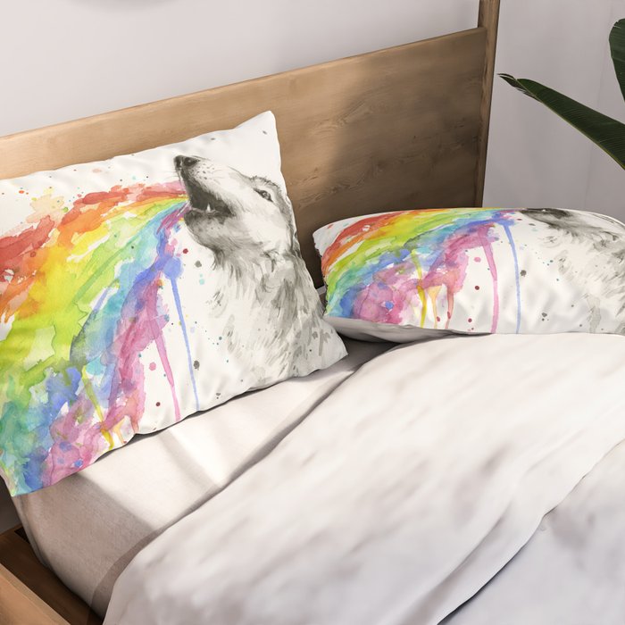 Wolf Howling Rainbow Watercolor Pillow Sham Gallery Image 2