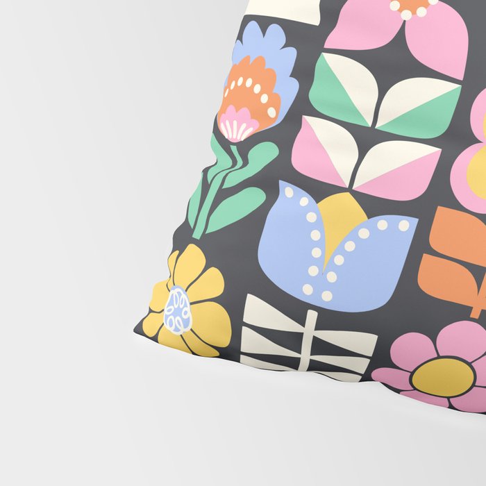 Retro Folk & Floral Colorful Pastel Flower Grid Black Pillow Sham Gallery Image 4