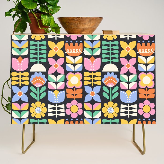 Retro Folk & Floral Colorful Pastel Flower Grid Black Credenza Gallery Image 1