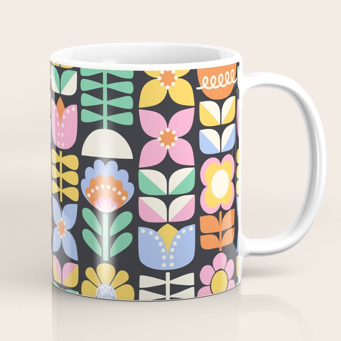 Retro Folk & Floral Colorful Pastel Flower Grid Black Coffee Mug Gallery Image 1