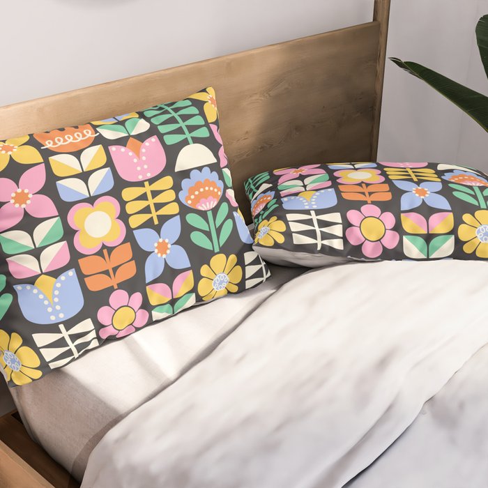 Retro Folk & Floral Colorful Pastel Flower Grid Black Pillow Sham Gallery Image 2