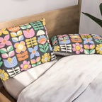 Retro Folk & Floral Colorful Pastel Flower Grid Black Pillow Sham Gallery Image 2