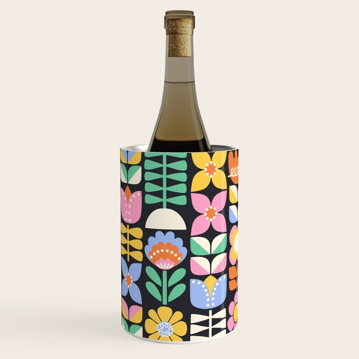 Retro Folk & Floral Colorful Pastel Flower Grid Black Wine Chiller Gallery Image 2