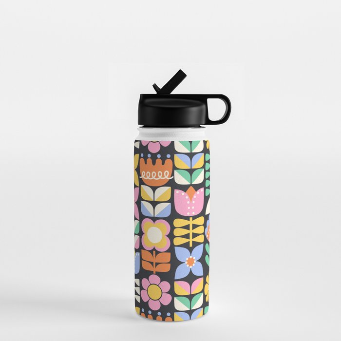 Retro Folk & Floral Colorful Pastel Flower Grid Black Water Bottle Gallery Image 1