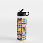 Retro Folk & Floral Colorful Pastel Flower Grid Black Water Bottle Gallery Image 1