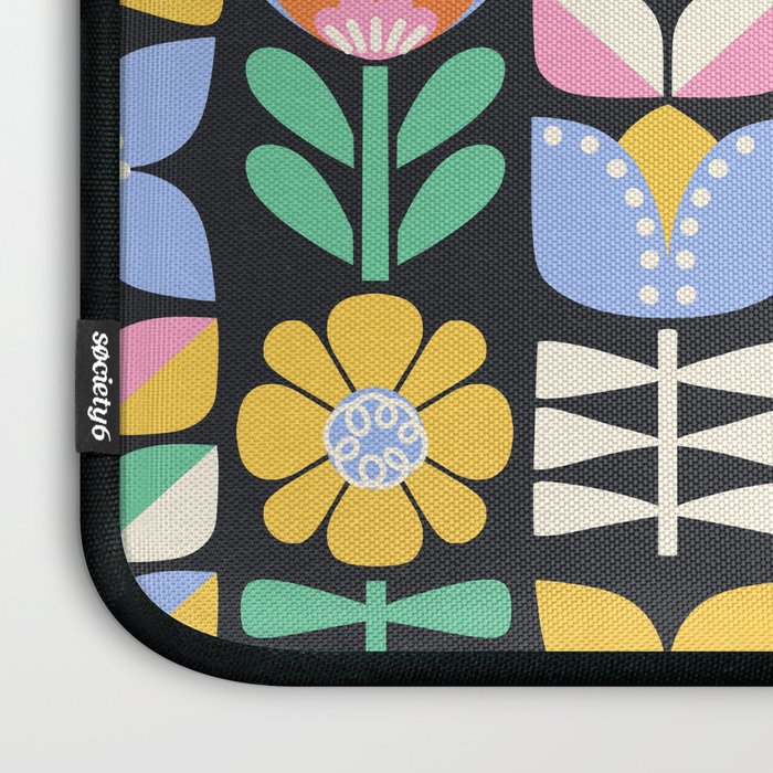 Retro Folk & Floral Colorful Pastel Flower Grid Black Laptop Sleeve Gallery Image 3