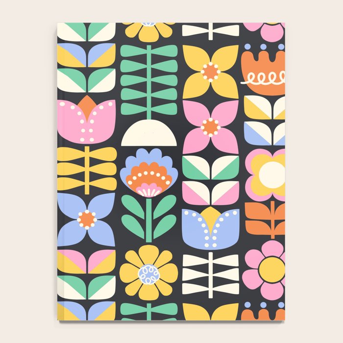 Retro Folk & Floral Colorful Pastel Flower Grid Black Notebook Gallery Image 4