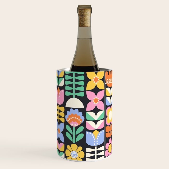 Retro Folk & Floral Colorful Pastel Flower Grid Black Wine Chiller Gallery Image 3