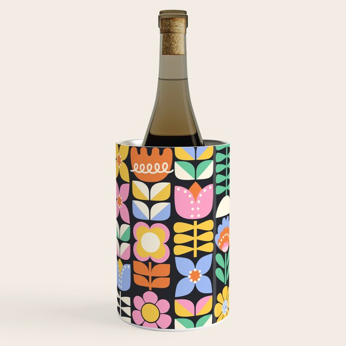 Retro Folk & Floral Colorful Pastel Flower Grid Black Wine Chiller Gallery Image 1