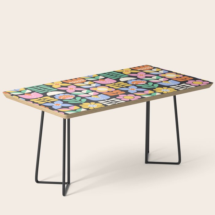Retro Folk & Floral Colorful Pastel Flower Grid Black Coffee Table Gallery Image 1
