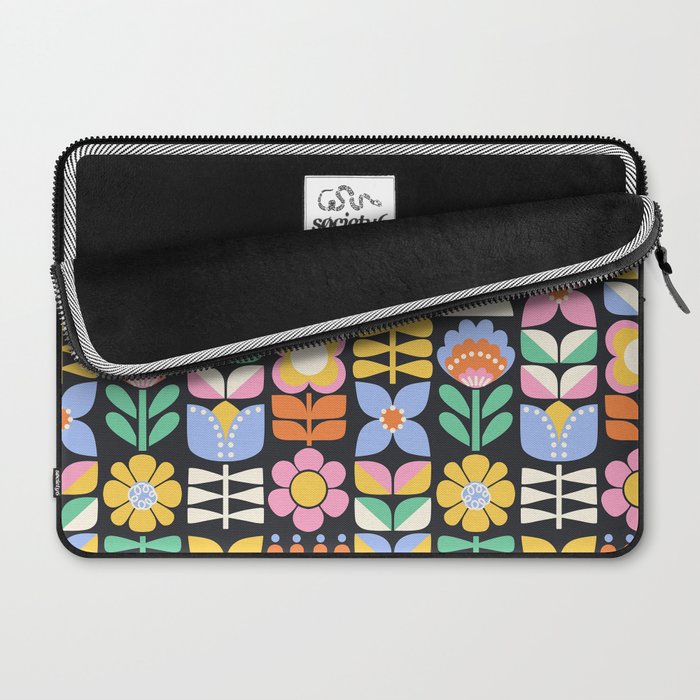Retro Folk & Floral Colorful Pastel Flower Grid Black Laptop Sleeve Gallery Image 2