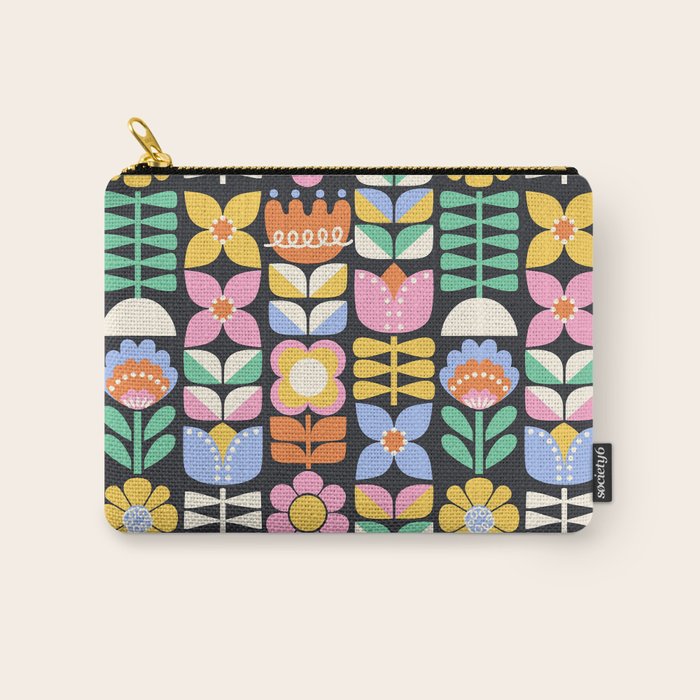Retro Folk & Floral Colorful Pastel Flower Grid Black Carry All Pouch Gallery Image 1