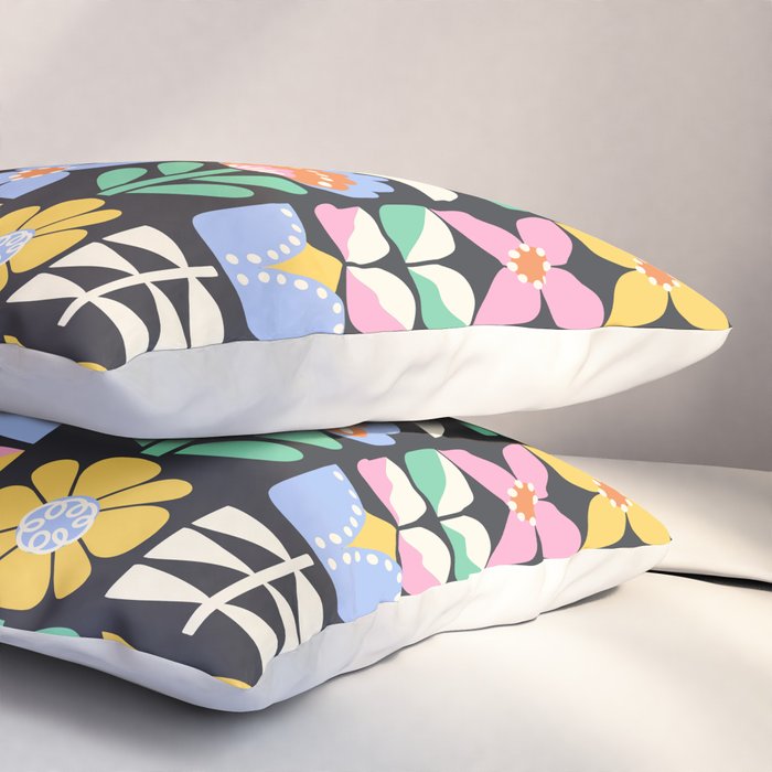 Retro Folk & Floral Colorful Pastel Flower Grid Black Pillow Sham Gallery Image 3