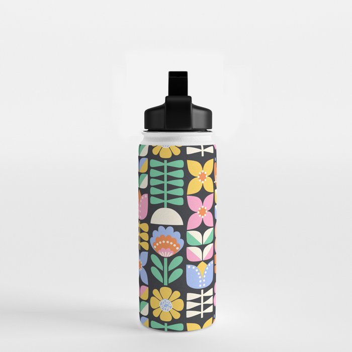 Retro Folk & Floral Colorful Pastel Flower Grid Black Water Bottle Gallery Image 2